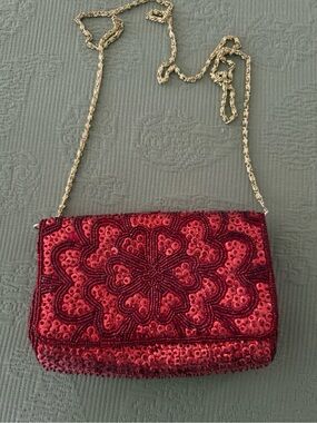 Red Sequin Floral Evening Clutch with Gold Chain Strap